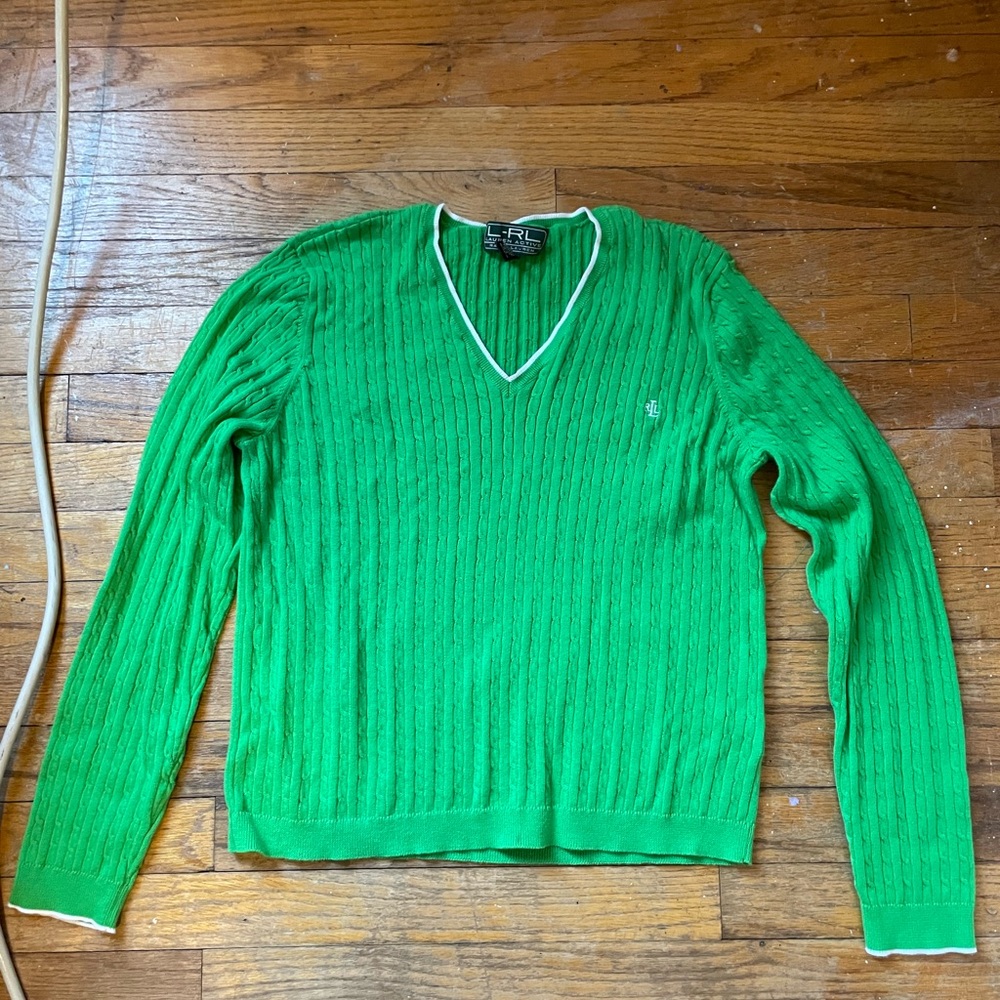 ralph lauren kelly green v neck cable knit sweater